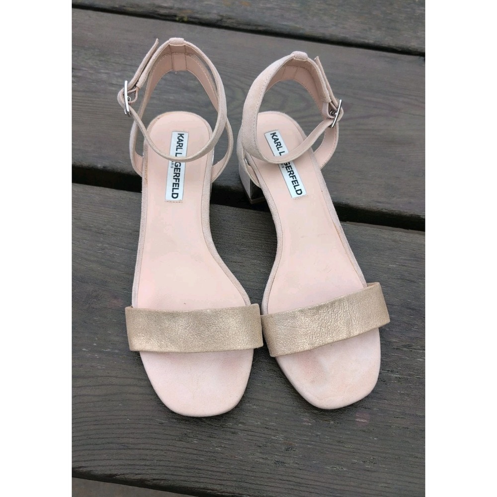 Karl Lagerfeld Paris Women's 8 Lyne Ankle Strap Sandals Beige Suede & Chrome GUC